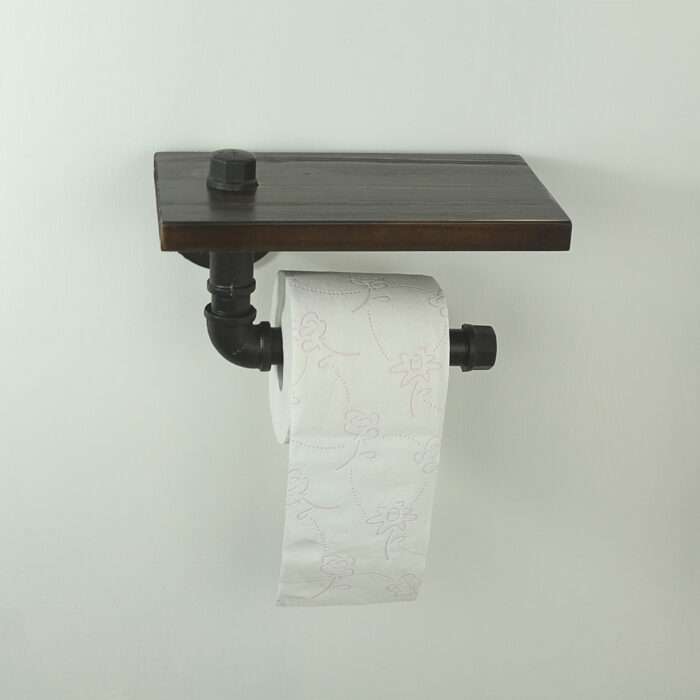 Industrial Urban Style Iron Pipe Toilet Paper Holder Roller With Wood Shelf Wall - Image 10