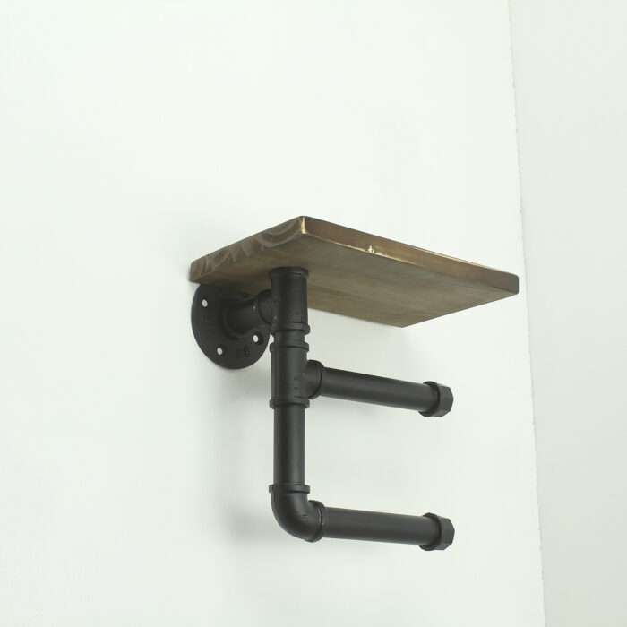 Industrial Urban Style Iron Pipe Toilet Paper Holder Roller With Wood Shelf Wall - Image 3