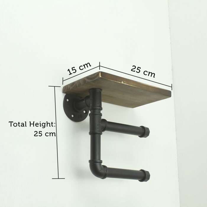 Industrial Urban Style Iron Pipe Toilet Paper Holder Roller With Wood Shelf Wall - Image 2