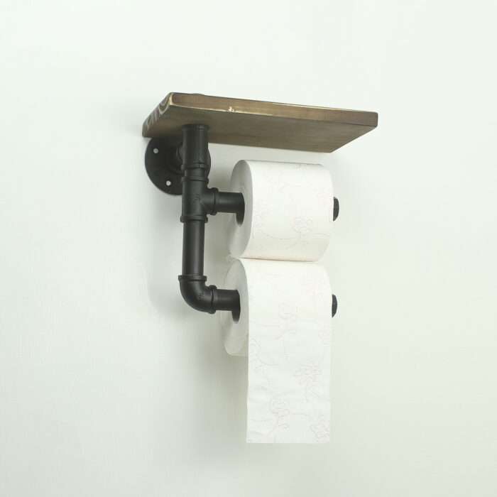 Industrial Urban Style Iron Pipe Toilet Paper Holder Roller With Wood Shelf Wall - Image 4