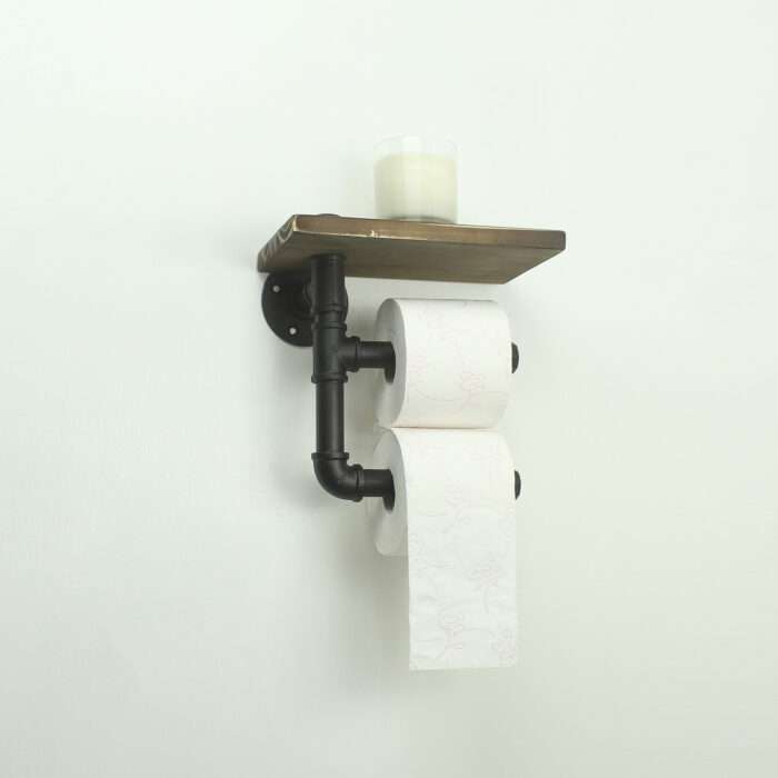 Industrial Urban Style Iron Pipe Toilet Paper Holder Roller With Wood Shelf Wall - Image 5