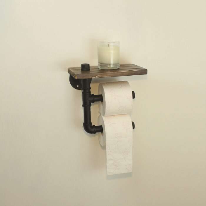 Industrial Urban Style Iron Pipe Toilet Paper Holder Roller With Wood Shelf Wall