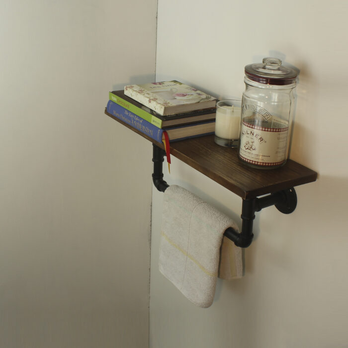 Industrial Urban Iron Steel Pipe Book Shelf Storage Towel Rail,Wood,Towel Racks - Image 2