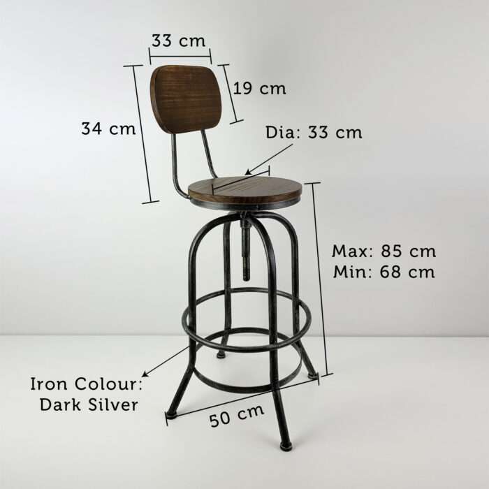 Rustic Industrial Bar Stool Wooden Top Shabby Vintage Chic Kitchen Chair Silver - Image 2