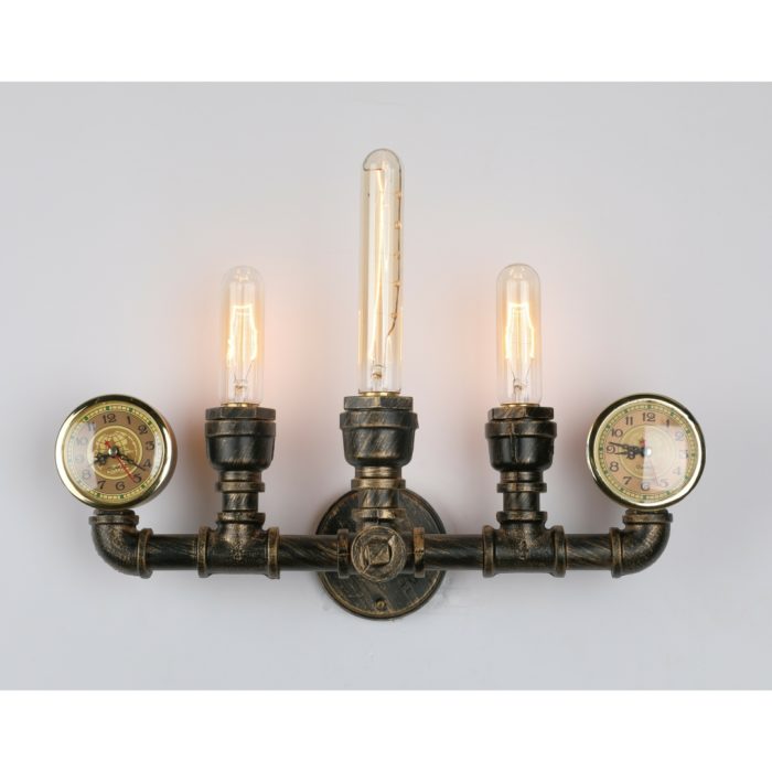 Vintage Unique Industrial Steampunk Rustic Bronze Water Pipe Wall Light Clock