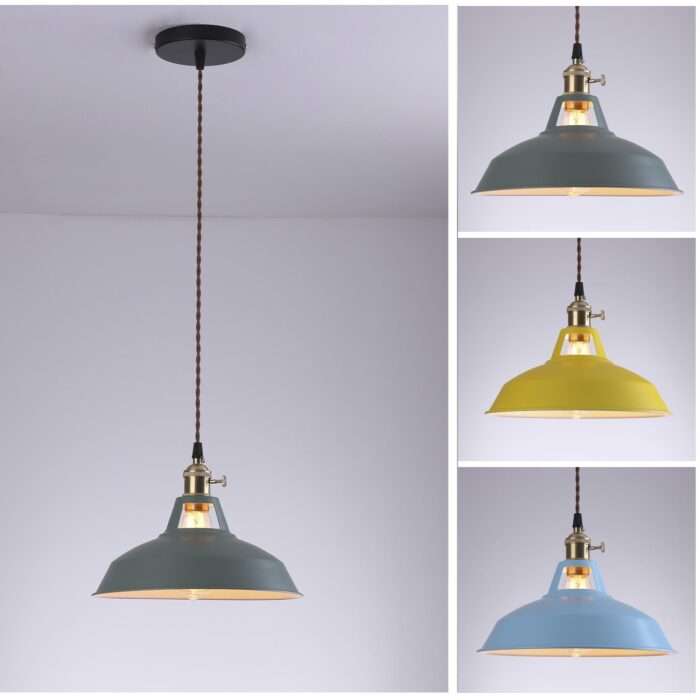 Vintage Industrial Blue,Green,Yellow Metal Shade Fabric Pendant Light Lampshade