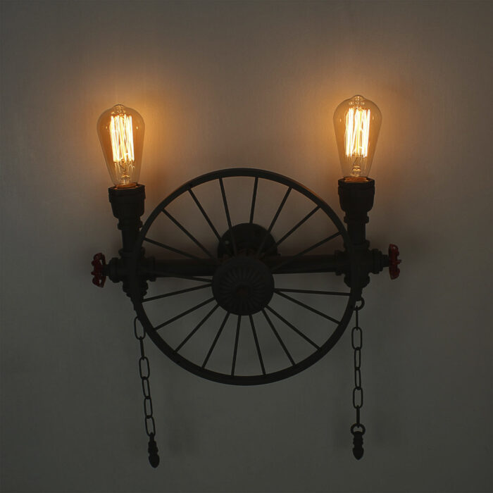 Vintage Wagon Wheel Cartwheel Chandelier Wall Light Metal Water Pipe Steampunk - Image 4