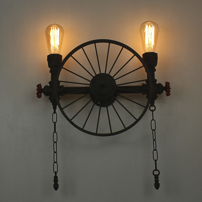 Vintage Wagon Wheel Cartwheel Chandelier Wall Light Metal Water Pipe Steampunk - Image 5