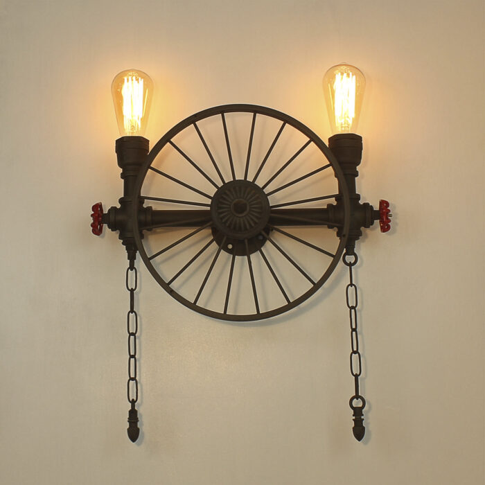 Vintage Wagon Wheel Cartwheel Chandelier Wall Light Metal Water Pipe Steampunk