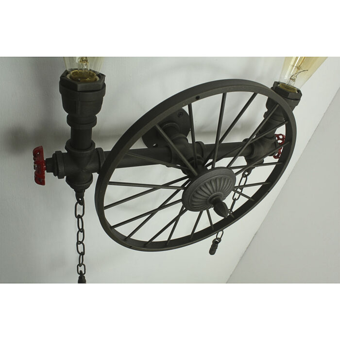 Vintage Wagon Wheel Cartwheel Chandelier Wall Light Metal Water Pipe Steampunk - Image 6