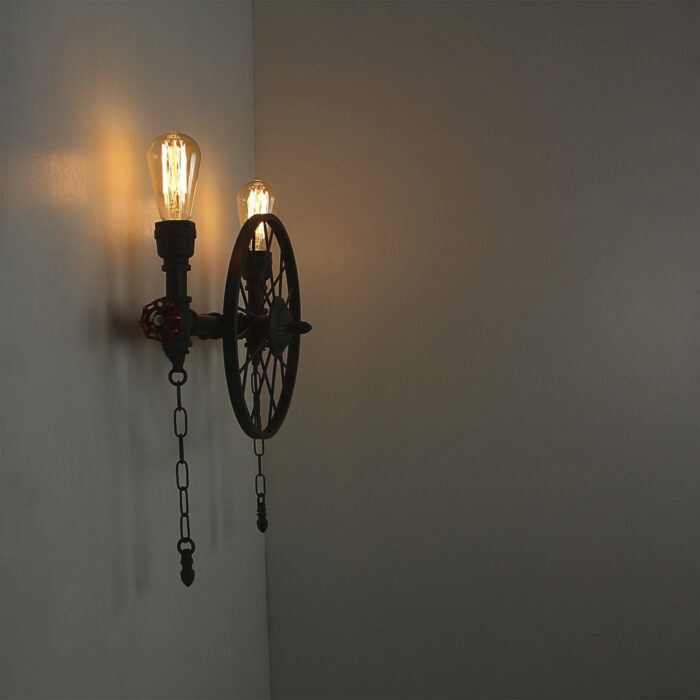 Vintage Wagon Wheel Cartwheel Chandelier Wall Light Metal Water Pipe Steampunk - Image 2