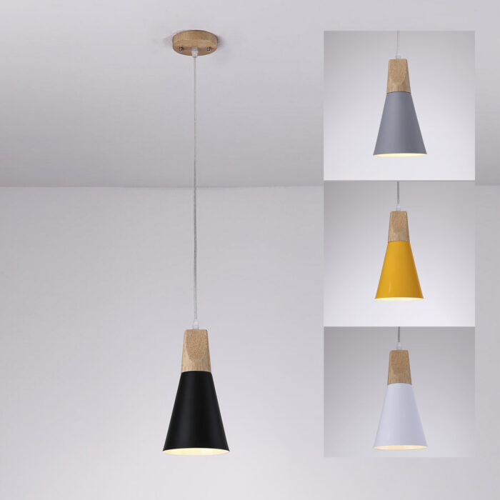 Vintage Industrial Black,Grey,Yellow,White Metal Shade Wooden Pendant Light