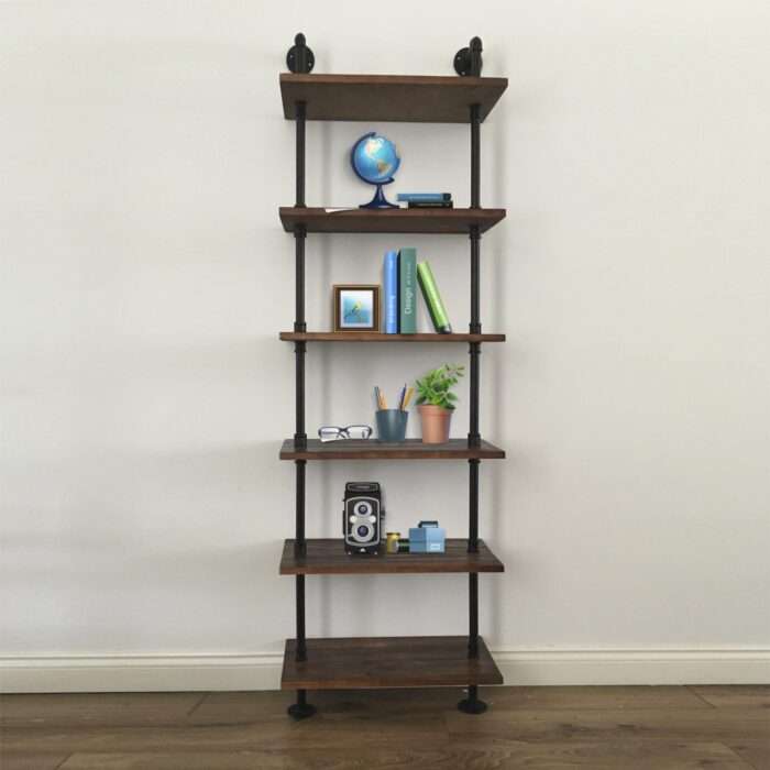 6 Tier Industrial Rustic Style Pipe Book Shelf Storage Wooden Steampunk,Bookcase