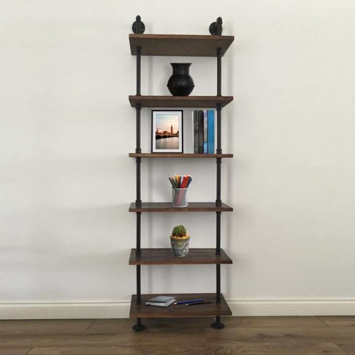 6 Tier Industrial Rustic Style Pipe Book Shelf Storage Wooden Steampunk,Bookcase - Image 6