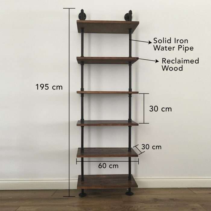 6 Tier Industrial Rustic Style Pipe Book Shelf Storage Wooden Steampunk,Bookcase - Image 4