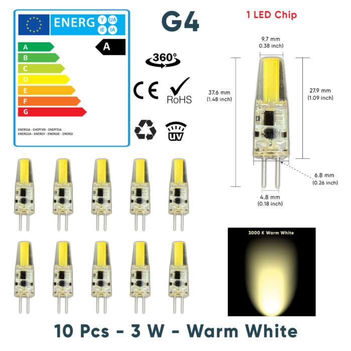 G4 COB LED 3W Capsule Light Bulb True Size Replacement G4 Bulbs AC/DC 12V