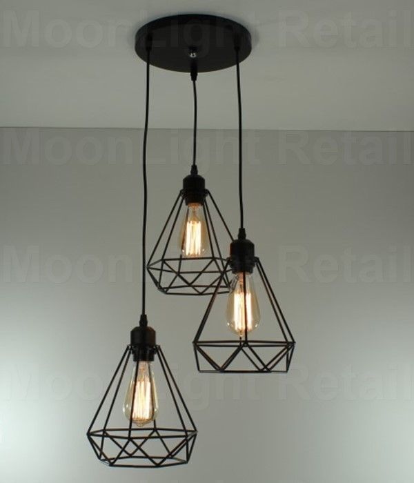 Modern 3 Way Ceiling Pendant Cluster Light Fitting Lights Black Cage Style